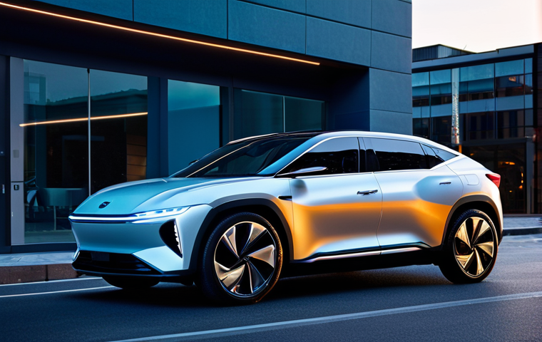 A professional individual, fully clothed in a modest business suit, stands admiring a sleek, futuristic Geely Geometry electric vehicle on a modern urban street at dusk. The car's exterior showcases fluid, aerodynamic lines and a sculptural body, with distinctive LED headlights and taillights that emit a unique, glowing signature. The hidden door handles are subtly integrated, emphasizing its cutting-edge design. The scene highlights the car's captivating presence and professional aesthetic. Professional photography, cinematic lighting, sharp focus, vibrant colors, safe for work, appropriate content, fully clothed, professional dress, perfect anatomy, correct proportions, natural pose, well-formed hands, proper finger count, natural body proportions.